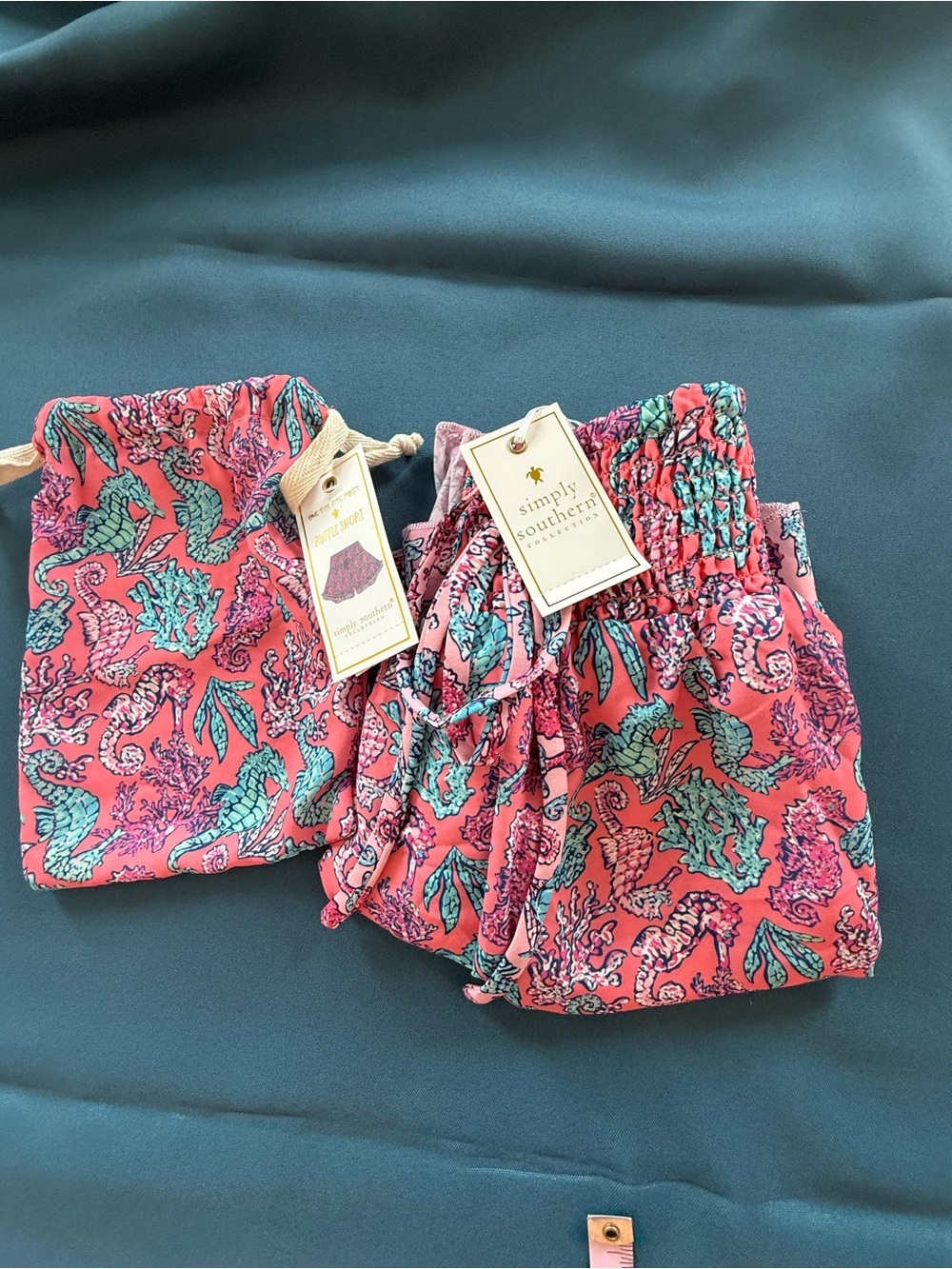 Simply Southern Coral Shorts with Teal Seahorse Print NWT